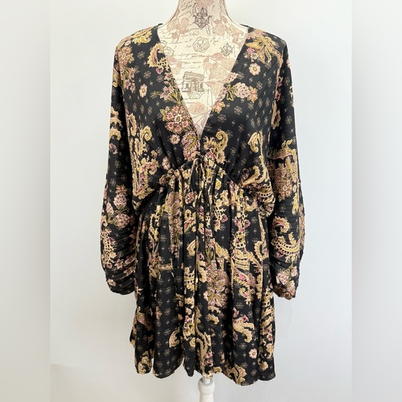 FREE PEOPLE Black and tan print ARZEL double V neckline mini dress size M - Picture 11 of 15